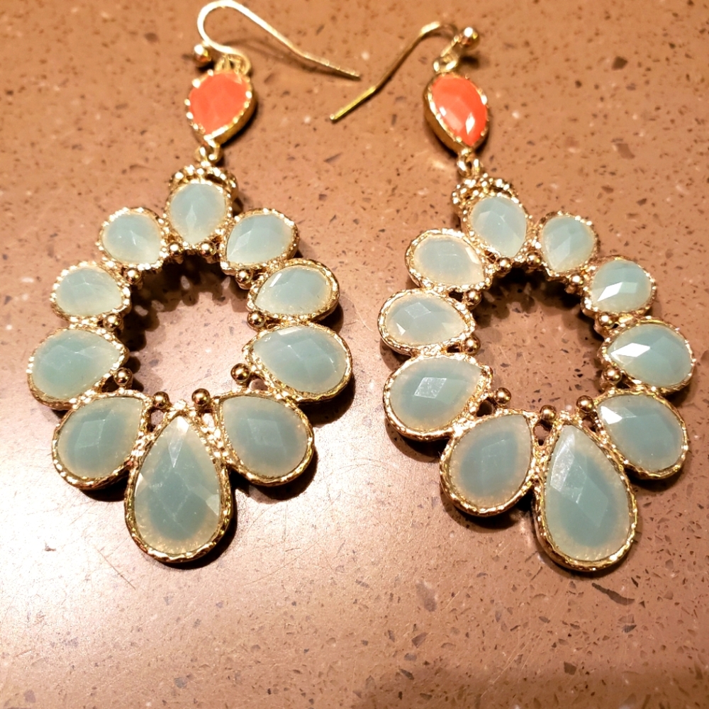 Gold dangle earrings with aqua & coral sets